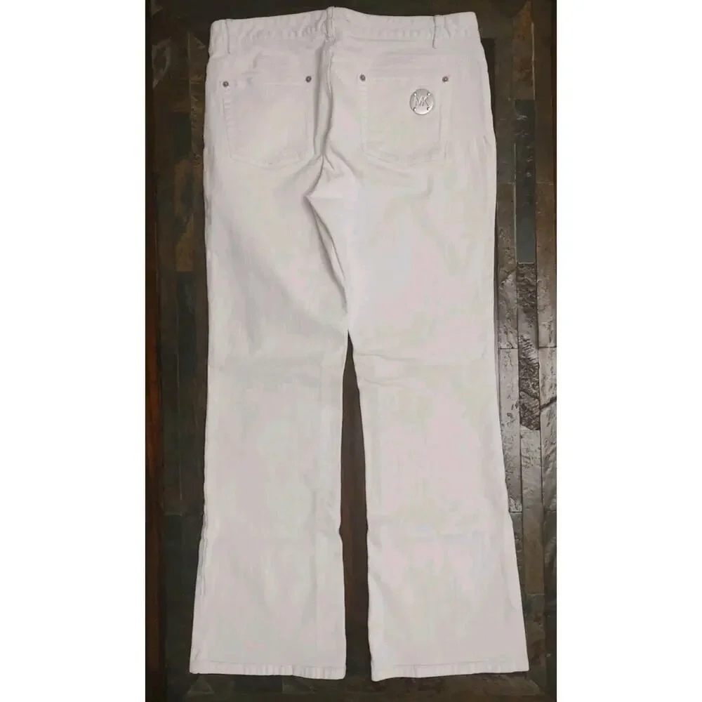 Michael Kors Women Size 10 Mid Rise Flared Leg White Denim Jeans Silver Accents